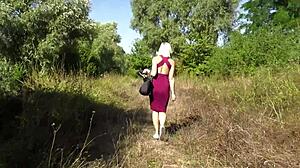 Blonde milf gives blowjob and gets fucked in car. Outdoor action continues with big tits exposed.