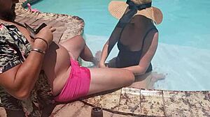 random guy vacation pool blowjob with handjob and cum covered ass