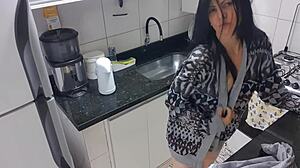 big tits latina says, i'm masturbating sensually in the kitchen