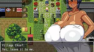 in this hentai game, the village chief jerks off on tanned natsuki's boobs while she's changing publicly