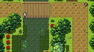 in this hentai game, the village chief jerks off on tanned natsuki's boobs while she's changing publicly