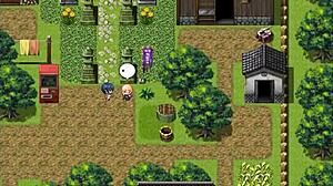 in this hentai game, the village chief jerks off on tanned natsuki's boobs while she's changing publicly