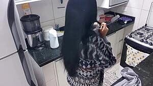 big tits latina says, i'm masturbating sensually in the kitchen