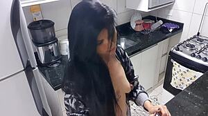 big tits latina says, i'm masturbating sensually in the kitchen