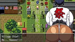 in this hentai game, the village chief jerks off on tanned natsuki's boobs while she's changing publicly
