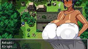 in this hentai game, the village chief jerks off on tanned natsuki's boobs while she's changing publicly