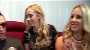 Clothed females give handjob and fuck naked male with handcuffs