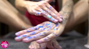 I give sensual footjob to rubber cock