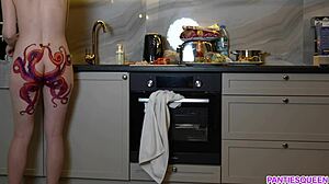 Naked Housewife With Octopus Tattoo On Ass Cooks Dinner