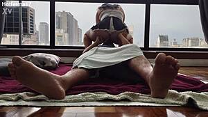 kitty big ass maid gets horny blowjob and bareback fucking in public window for voyeurs to watch.