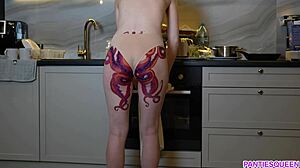 Naked Housewife With Octopus Tattoo On Ass Cooks Dinner