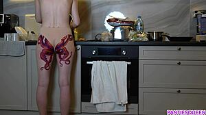 Naked Housewife With Octopus Tattoo On Ass Cooks Dinner