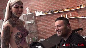 Sascha plays with Amber Luke's big tits and piercing while she masturbates with toys during tattoo!