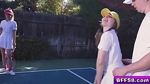 Bold besties fight over stud in tennis lesson leading to outdoor hardcore fucking and blowjob with big ass brunette