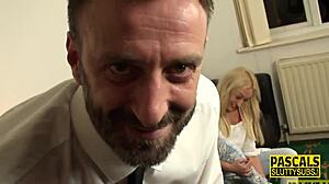 Kinky pissing whore sucks fat dick in blonde blowjob with monster cock fetish