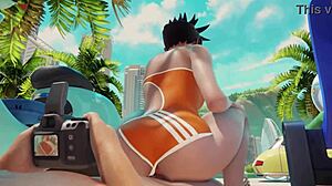 Overwatch Tracer rides cock in cowgirl at the beach, so hot