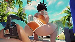 Overwatch Tracer rides cock in cowgirl at the beach, so hot