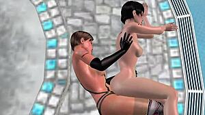 Cute lesbian girl intensely fucks another in spoon position