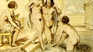 vintage erotic illustration from antique cartoon in retro anime hentai style