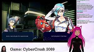 Vtuber lewdneko with big tits and boobs plays cybercrush 2069 in hentai anime part 1