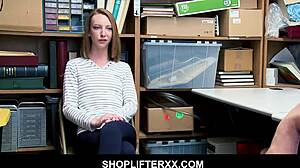 Old security guard fucks skinny redhead Katy Kiss in the office after kissing