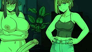 chloe watches amy masturbate in this futanari hentai game, then jerks her own futa cock while dating and watching the cartoon action