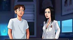 In Summertime Saga 110, the brunette teacher plays the game