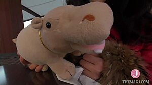 Asian babe sucks cock deep on all fours with intense vacuum blowjob and tit-job.