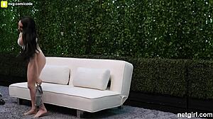 This amazing hot babe is back for more hard pounding with her shaved pussy.