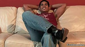 Hot gay dude strips and jerks off hard! 😜