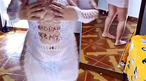 Fat girl undresses sensual bodysuit and panties