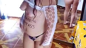 Fat girl undresses sensual bodysuit and panties