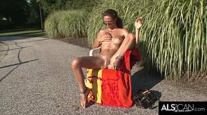 check it, brunette babe suns her body then toys her wet pussy