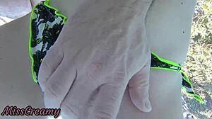 hidden teen student fingers pussy in public pool with voyeur strangers nearby, super risky french amateur action