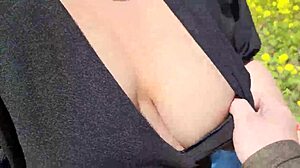 Beautiful chubby cutie with big tits gives pov outdoor blowjob and plays with cum.