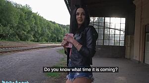 Public agent Mia Trejsi drills her pussy hard