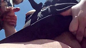 Beautiful chubby cutie with big tits gives pov outdoor blowjob and plays with cum.