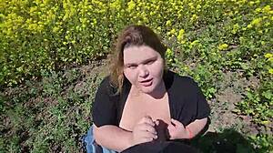 Beautiful chubby cutie with big tits gives pov outdoor blowjob and plays with cum.
