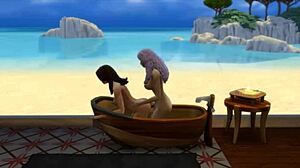 Seraphina and the neighbor explore Sims 4 adventure with beach and bathroom scenes