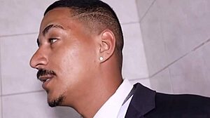 gay pornstar contrasts with amateur by fucking the bathroom employee in intriguing scene