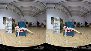 Lovely blonde amateur strips her natural tits in erotic VR dance. 😍