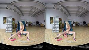 Lovely blonde amateur strips her natural tits in erotic VR dance. 😍