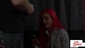 redhead british voyeur teases and jerks guy in european pussy femdom with shoes and masturbation instructions