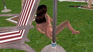 cute girl masturbating with banana near swimming pool in 3d cartoon