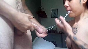 Little slut drools over intense deep throat, swallowing cum in wild mouth action.