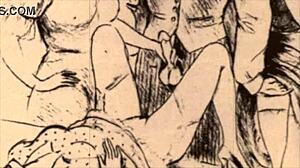 Vintage illustration showcases classic erotic anime scenes