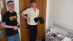 cute blond twink takes arm-sized cock in bareback blowjob session