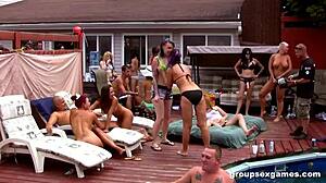 group sex games heat up by the pool with wild rimjobs and strapon play