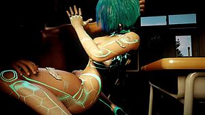 ロボットガール、椅子でそのチンポに騎乗位、大きなおっぱいと太いお尻で