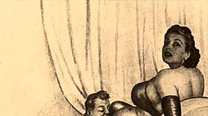 Detailed vintage erotic comic drawings featuring antique anime hentai characters in retro style